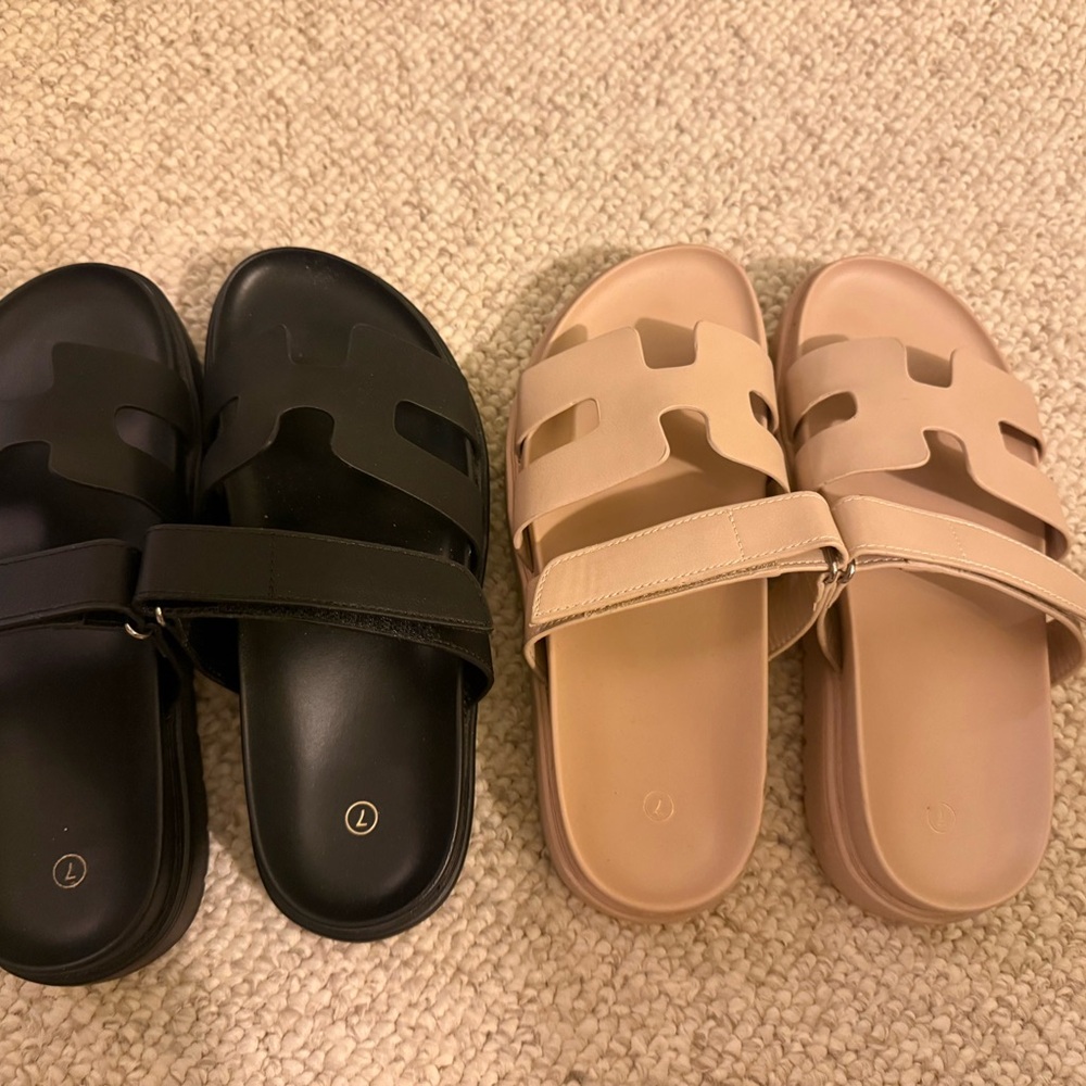 Black and Tan Slide Sandals